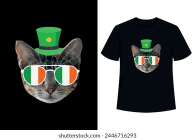 Funny St Patricks Day shirt for men, women and kids featuring a four leaf clover shamrock and a cute peeking cat