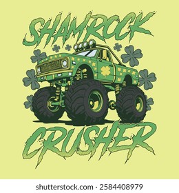 Funny St Patrick's Day T-shirt Shamrock Crusher  Monster Truck T Shirt Design