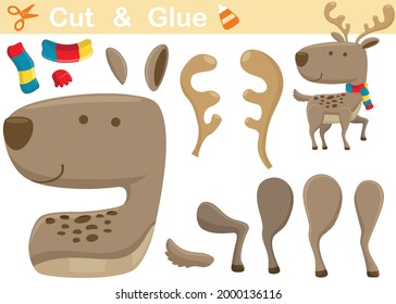 Funny stag wearing scarf. Education paper game for children. Cutout and gluing. Vector cartoon illustration