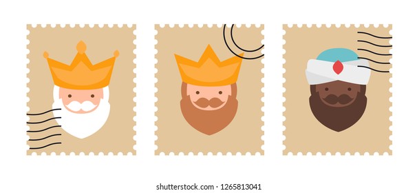 Funny stamps with the faces of the wise men. The three kings of orient, Melchior, Gaspard and Balthazar.