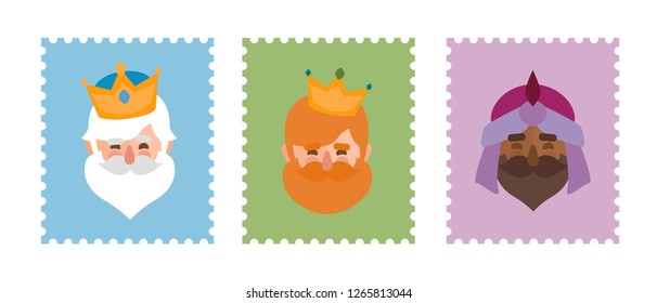 Funny stamps with the faces of the wise men. The three kings of orient, Melchior, Gaspard and Balthazar.