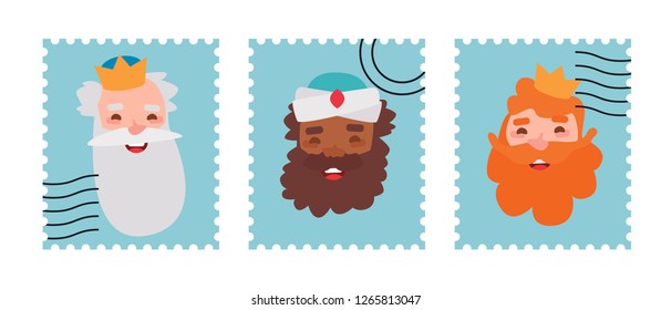 Funny stamps with the faces of the wise men. The three kings of orient, Melchior, Gaspard and Balthazar.