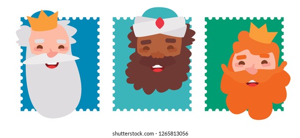 Funny stamps with the faces of the wise men. The three kings of orient, Melchior, Gaspard and Balthazar.