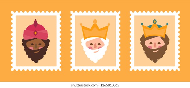 Hübsche Briefmarken mit den Gesichtern der Weisen. Die drei Könige von Orient, Melchior, Gaspard und Balthazar.