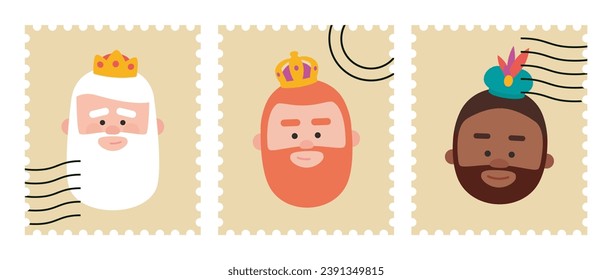 Funny Stamps packs of the wise men. The three kings of orient, Melchior, Gaspard and Balthazar.