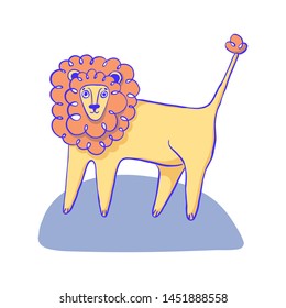 Funny standing lion on white background. Animal illustration. Cute print design. Art for social media and apparel. Ready-to-print design template. Vector illustration.