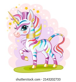 Funny standing magic rainbow zebra unicorn character. Cute animal in cartoon style. Vector illustration on pink background. For card, poster,design, stickers, room decor, t-shirt, kids apparel.