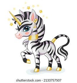 Funny standing magic zebra unicorn character. Cute animal in cartoon style. Vector illustration isolated on white background. For card, poster,design, stickers, room decor, t-shirt, kids apparel.