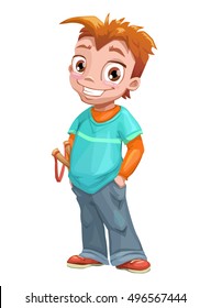 Funny standing red haired boy with slingshot. Vector kid illustration. Isolated on white.