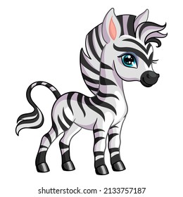 Funny standing zebra character. Cute african animal in cartoon style. Vector illustration isolated on white background. For card, poster,design, stickers, room decor, t-shirt, kids apparel.