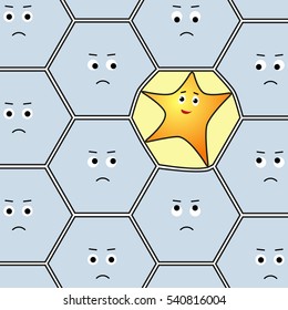 Funny Star Character Deforms Border Of A Cell In The Middle Of Ordinary Hexagons Group. Concept Is Pushing The Boundaries Of The Possible Or Stand Out From The Crowd. Eps10 Vector Illustration.