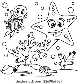 Funny star fish cartoon characters vector illustration. For kids coloring book.