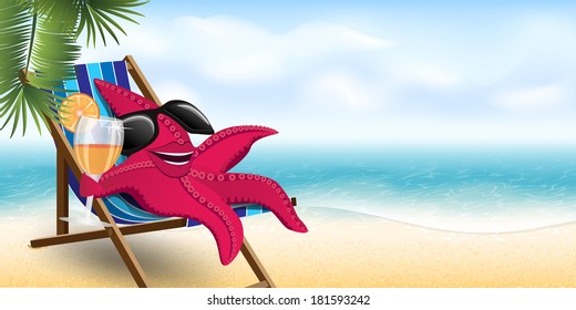 funny starfish in a lounge chair on the beach
