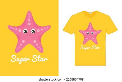 Funny starfish. Super star slogan. Print on T-shirts, card, poster and souvenirs. Global swatches vector illustration. Children's simple style print.