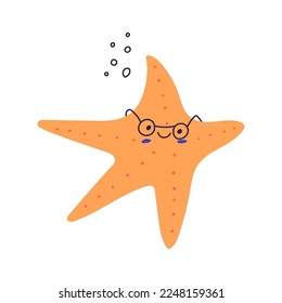 Funny starfish wearing glasses, cartoon flat vector illustration isolated on white background. Cute sea animal character for kids design. Cheerful smiling starfish.