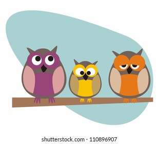 Funny, staring owls family sitting on branch on a sunny day vector illustration isolated on white background. Cute, cartoon symbol of wisdom.
