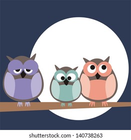 Funny, staring owls family sitting on branch on a full mon night - vector illustration isolated on white background. Cute, cartoon symbol of wisdom.