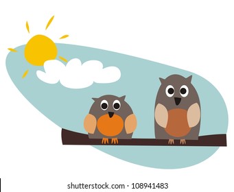 Funny, staring owls sitting on branch on a sunny day- vector illustration isolated on white background. Cute, cartoon symbol of wisdom.