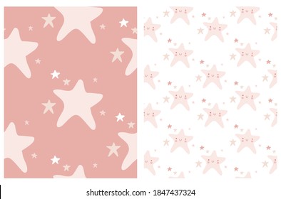 Funny Starry Seamless Vector Pattern. Cute Hand Drawn Light Pink Stars Isoleted on Pale Red and White Background. Infantile Kawaii Style Abstract Starry Print ideal for Fabric, Textile. 