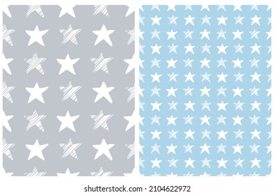 Funny Starry Vector Patterns. Irregular Hand Drawn Simple Night Sky Print for Fabric, Textile, Wrapping Paper.Infantile Style Design with White Stars Isolated on a Blue and Gray Background.