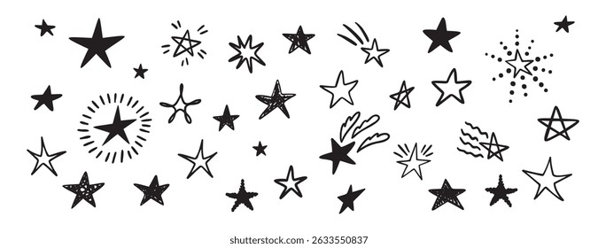 Funny stars doodle hand drawn icon set. Outline drawing stars line clipart symbol collection. Vector illustration