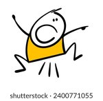 Funny startled stickman jumped in surprise. Vector illustration of small boy pointing with his finger, attracts attention. The horror on his face. Isolated cartoon  character on white background.