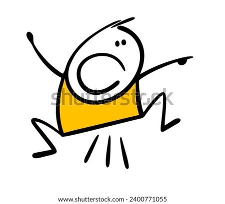 Funny startled stickman jumped in surprise. Vector illustration of small boy pointing with his finger, attracts attention. The horror on his face. Isolated cartoon  character on white background.