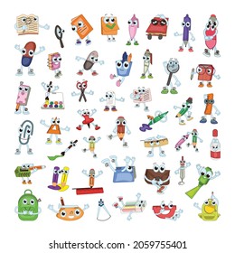 Funny stationery characters with different emotions. Vector illustration for students and schoolchildren.