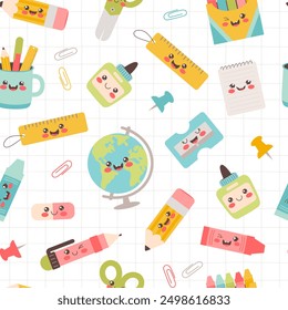 Funny stationery, school supplies seamless pattern. Back to school vector background.