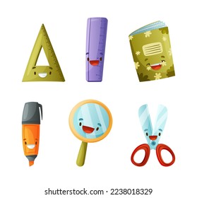 Funny stationery tools characters set. Cute triangle, ruler, notebook, marker, magnifying glass, scissors cartoon vector illustration