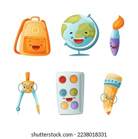 Funny stationery tools characters set. Cute backpack, globe, brush, compass tool, paints, pencil cartoon vector illustration