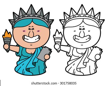 funny Statue of Liberty. Vector illustration coloring page of happy cartoon Statue of Liberty which is holding torch for children and scrap book