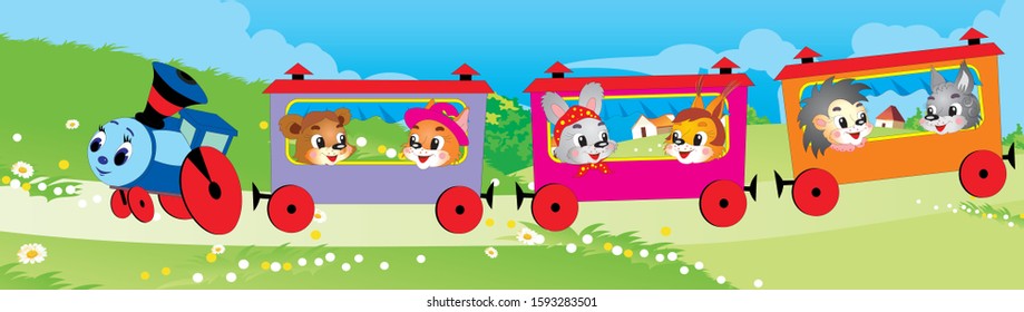 Funny steam train with animals. Cartoon train