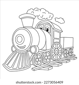 Funny Steam Train Cartoon. Old Locomotive Isolated On White Background. Illustration For Children. Coloring Book. Train Outline.