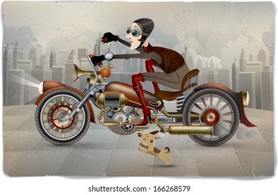 Funny steam-punk lady on a bike