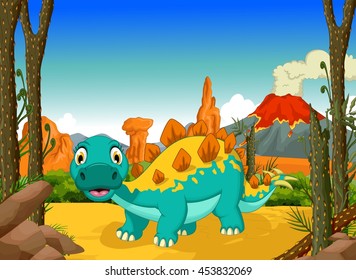 funny stegosaurus cartoon with forest landscape background