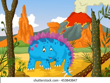 funny stegosaurus cartoon with forest landscape background
