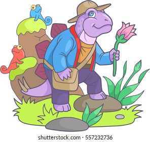 funny stegosaurus holding a flower in her hand