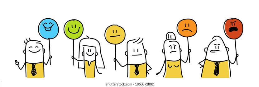 Funny stick figures expressing different emotions. Hand drawn vector illustration.