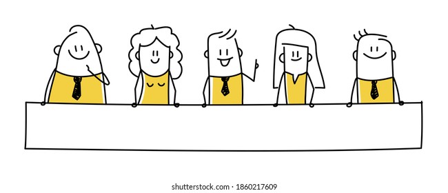 Funny stick figures holding empty banner. Hand drawn vector illustration of group of male and female people.