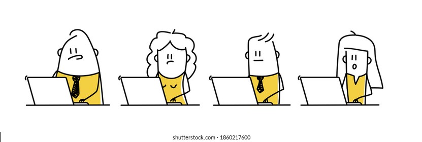 Funny stick figures with negative emotions working on laptop. Hand drawn vector illustration.