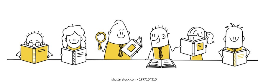 Funny stick figures are reading books. Education concept. Vector illustration.