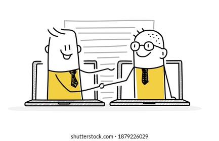 Funny stick figures. Two partners handshaking from the screens of different laptop, closing a deal, making an agreement. Vector illustration.