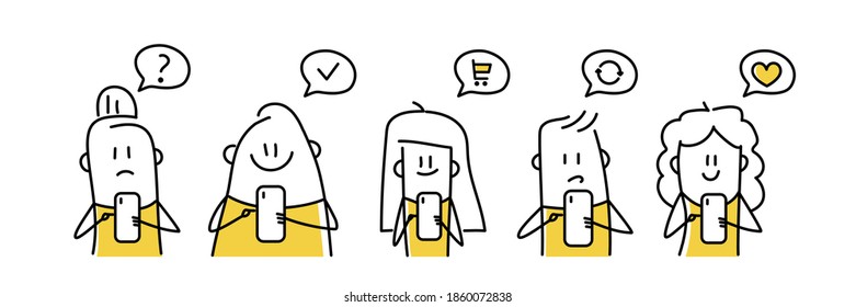 Funny stick figures using a smartphone. Hand drawn vector illustration.