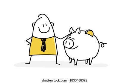 Funny stick man with a big piggy bank with a coin on his back. Concept of loving savings. Hand drawn vector illustration.