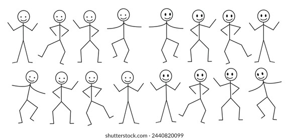  funny stick men, a set of figures of dancing men, emotions, various positions highlighted on a white background