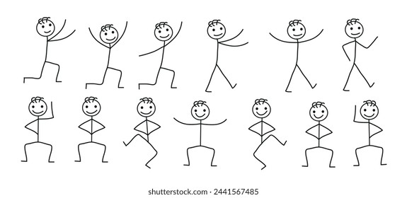 funny stick men, a set of figures of dancing men, emotions, various positions highlighted on a white background, hand-drawn in the style of a doodle