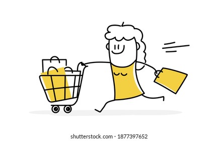 Funny stick woman runs with a cart and a bag in his hand. Vector illustration.