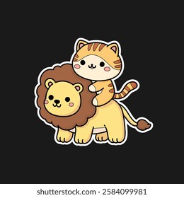 Funny sticker of a cat riding on a lion's back, cartoon animal friendship