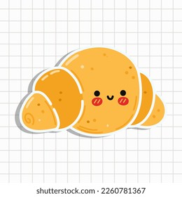Funny sticker Croissant. Vector hand drawn cartoon kawaii character illustration icon. Isolated on background. Happy Croissant Sticker character concept